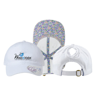 Ladies Embroidered Washed White Ponytail Cap