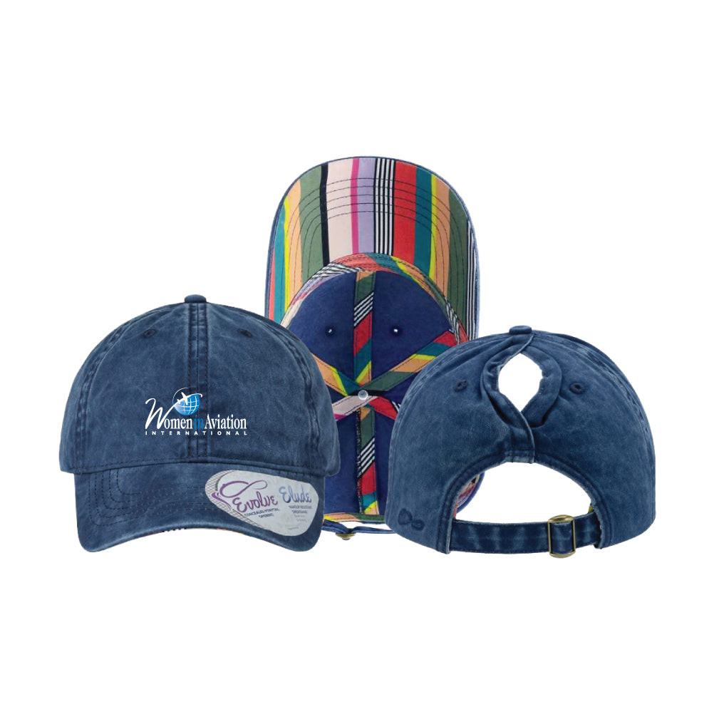 Ladies Embroidered Washed Navy Ponytail Cap